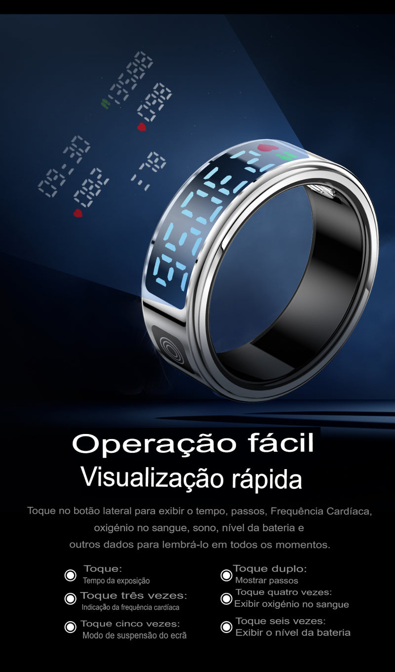 Anel Inteligente com Tela LED, Rastreador Fitness e Sono IP68 à Prova D'água